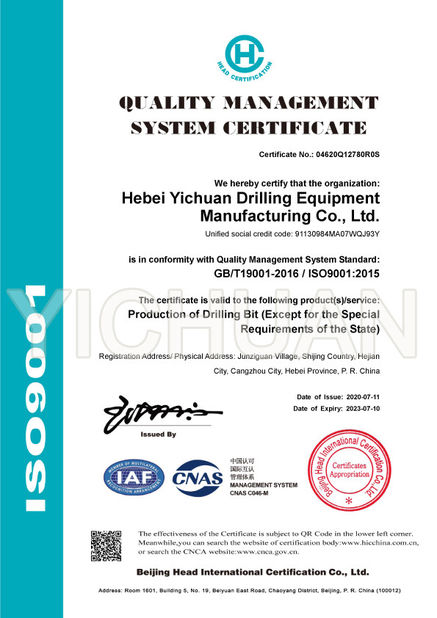 China Hebei Yichuan Drilling Equipment Manufacturing Co., Ltd certificaciones